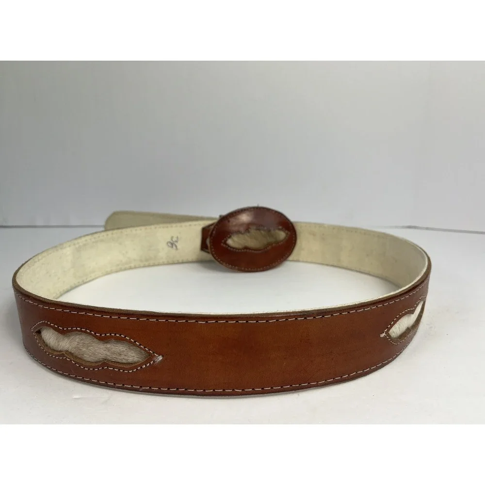 Brown Leather Belt w/ Fur Calf Hair Western Style Large 1 7/8
